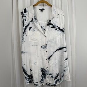Rock & Republic 1X Tie Dye Sleeveless Button Up Top Rayon Black White Boho